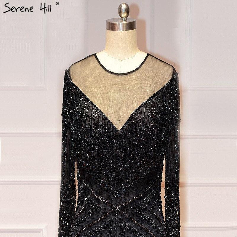 On Sale No Return No Refund Black Luxury Sexy Evening Dresses Slim Mermaid Tassel Beading Long Sleeves Evening Gowns For Woman LA60716