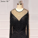 On Sale No Return No Refund Black Luxury Sexy Evening Dresses Slim Mermaid Tassel Beading Long Sleeves Evening Gowns For Woman LA60716