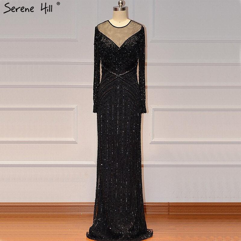 On Sale No Return No Refund Black Luxury Sexy Evening Dresses Slim Mermaid Tassel Beading Long Sleeves Evening Gowns For Woman LA60716