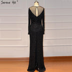 On Sale No Return No Refund Black Luxury Sexy Evening Dresses Slim Mermaid Tassel Beading Long Sleeves Evening Gowns For Woman LA60716