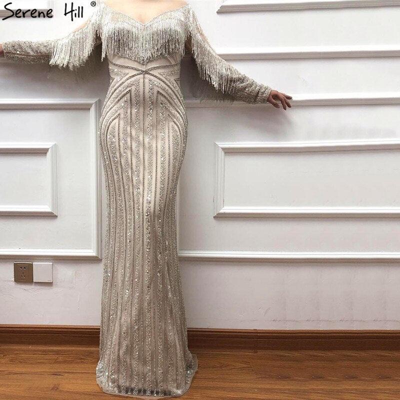 On Sale No Return No Refund Black Luxury Sexy Evening Dresses Slim Mermaid Tassel Beading Long Sleeves Evening Gowns For Woman LA60716