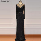 On Sale No Return No Refund Black Luxury Sexy Evening Dresses Slim Mermaid Tassel Beading Long Sleeves Evening Gowns For Woman LA60716