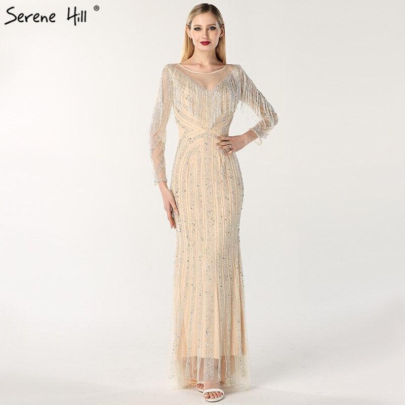 On Sale No Return No Refund Black Luxury Sexy Evening Dresses Slim Mermaid Tassel Beading Long Sleeves Evening Gowns For Woman LA60716
