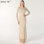 On Sale No Return No Refund Black Luxury Sexy Evening Dresses Slim Mermaid Tassel Beading Long Sleeves Evening Gowns For Woman LA60716