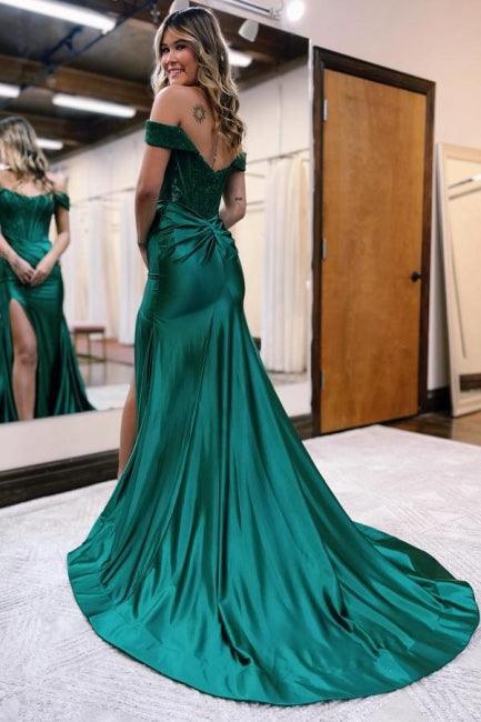 Schwarzes schulterfreies Ballkleid im Meerjungfrauen-Stil mit hohem Schlitz