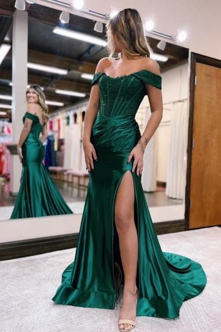 Schwarzes schulterfreies Ballkleid im Meerjungfrauen-Stil mit hohem Schlitz