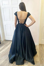 Black A Line Satin Open Black Cap Sleeves  Long Prom Dresses