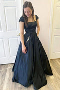 Black A Line Satin Open Black Cap Sleeves  Long Prom Dresses