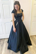 Black A Line Satin Open Black Cap Sleeves  Long Prom Dresses