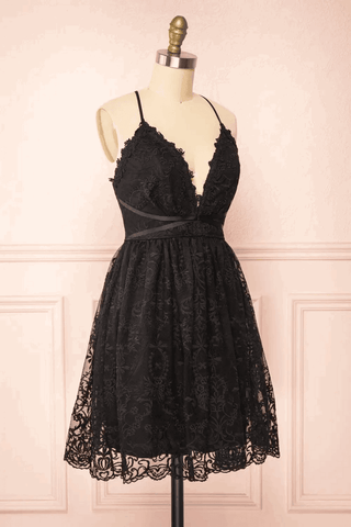 Black Lace Straps A-line Short Party Dress Lace Homecoming Dresses PD466