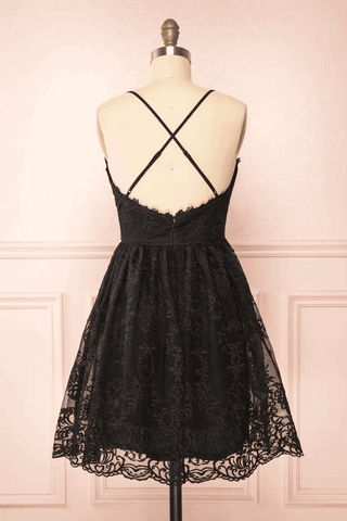 Black Lace Straps A-line Short Party Dress Lace Homecoming Dresses PD466