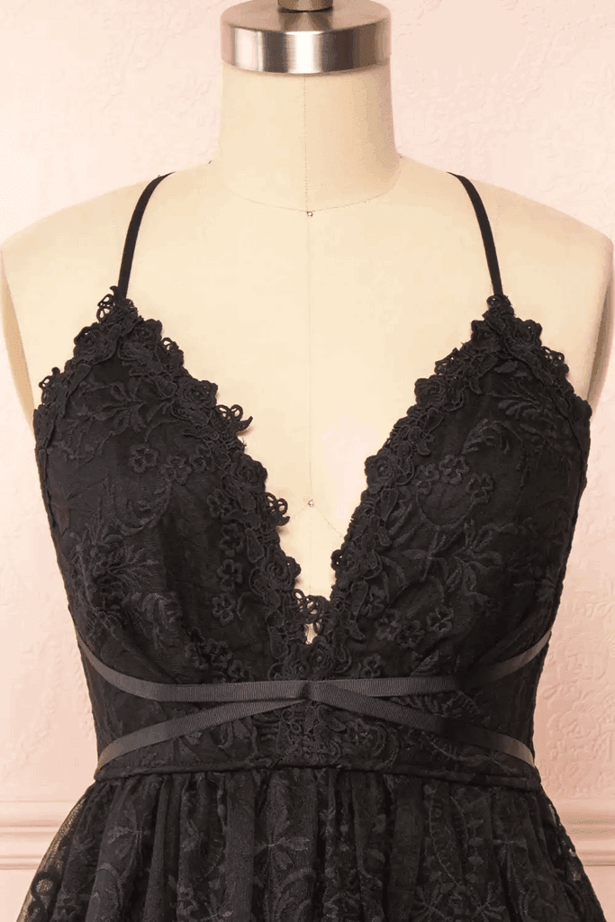 Black Lace Straps A-line Short Party Dress Lace Homecoming Dresses PD466