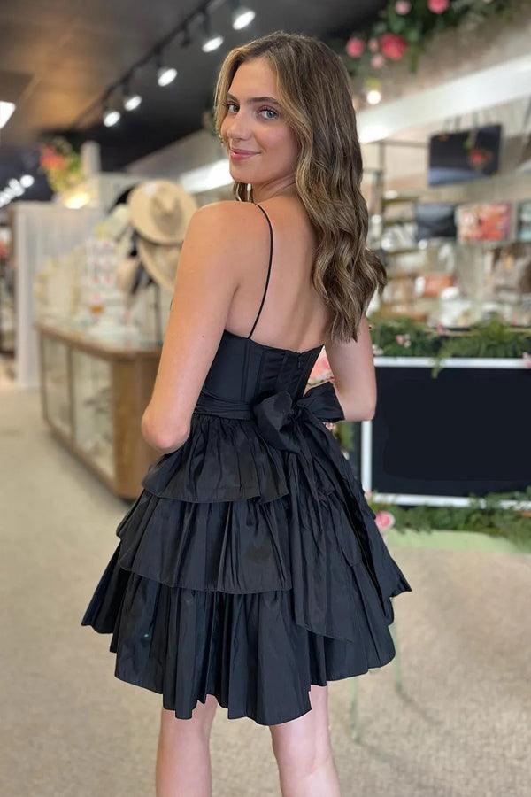 Black Straps Satin A-Line Short Corset Homecoming Dress With Bow