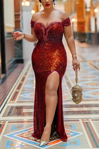 Plus Size  Prom Dresses Mermaid Off The Shoulder Split Sequin