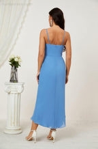Numbersea Spaghetti Chiffon V Neck Bridesmaid Dress Mid-Length Slit Formal Prom Dress Homecoming Dress 2803-numbersea
