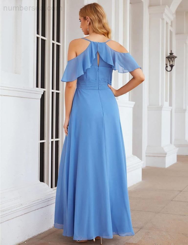 NumberSea - Numbersea Chiffon Cold Shoulder Long Bridesmaid Dresses Plus Size Formal Prom Gowns for Women Party Wedding SEA28070