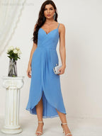 Numbersea Spaghetti Chiffon V Neck Bridesmaid Dress Mid-Length Slit Formal Prom Dress Homecoming Dress 2803-numbersea