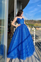 Blue A-Line Tulle Long Prom Dress Sparkly Formal Evening Dresses