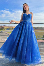 Blue A-Line Tulle Long Prom Dress Sparkly Formal Evening Dresses