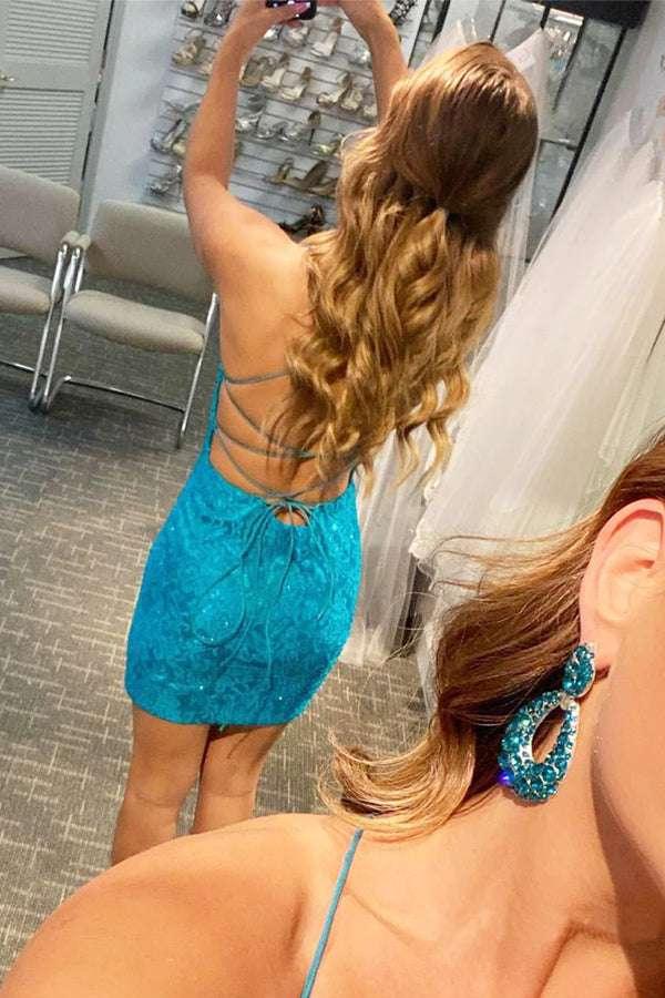 Blue Decorative Pattern Halter Lace Tight Homecoming Dress PD498