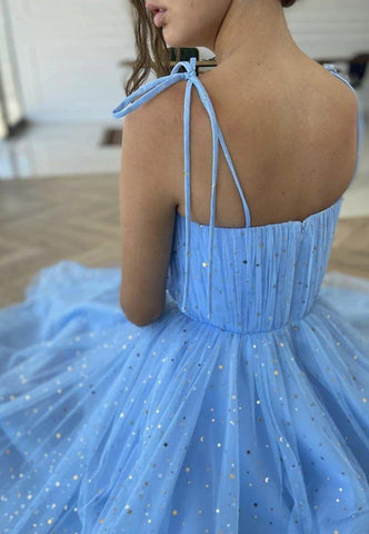 Blue Tulle Sequins Tea Length Prom Dress Party Dress Homecoming Dress