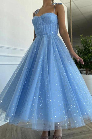 Blue Tulle Sequins Tea Length Prom Dress Party Dress Homecoming Dress