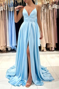 Blue V-Neck Satin Long Prom Dress Simple A-Line Evening Dress