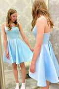 Blue Satin Beads Short Prom Dress Blue Homecoming Dress