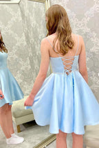Blue Satin Beads Short Prom Dress Blue Homecoming Dress