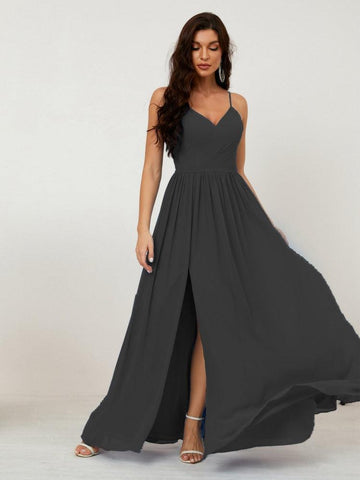 Numbersea Neck Bridesmaid Dresses Chiffon Long Spaghetti A-Line Formal Prom Gown For Wedding Party