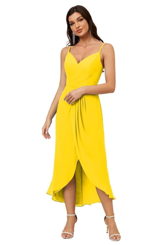 Numbersea Spaghetti Chiffon V Neck Bridesmaid Dress Mid-Length Slit Formal Prom Dress Homecoming Dress 2803-numbersea