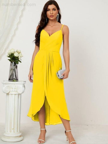 Numbersea Spaghetti Chiffon V Neck Bridesmaid Dress Mid-Length Slit Formal Prom Dress Homecoming Dress 2803-numbersea