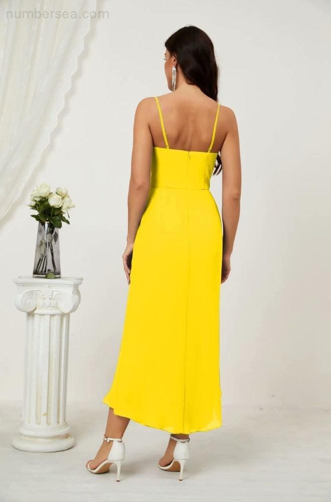Numbersea Spaghetti Chiffon V Neck Bridesmaid Dress Mid-Length Slit Formal Prom Dress Homecoming Dress 2803-numbersea