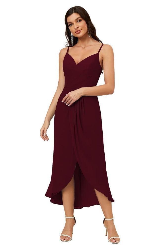 Numbersea Spaghetti Chiffon V Neck Bridesmaid Dress Mid-Length Slit Formal Prom Dress Homecoming Dress 2803-numbersea