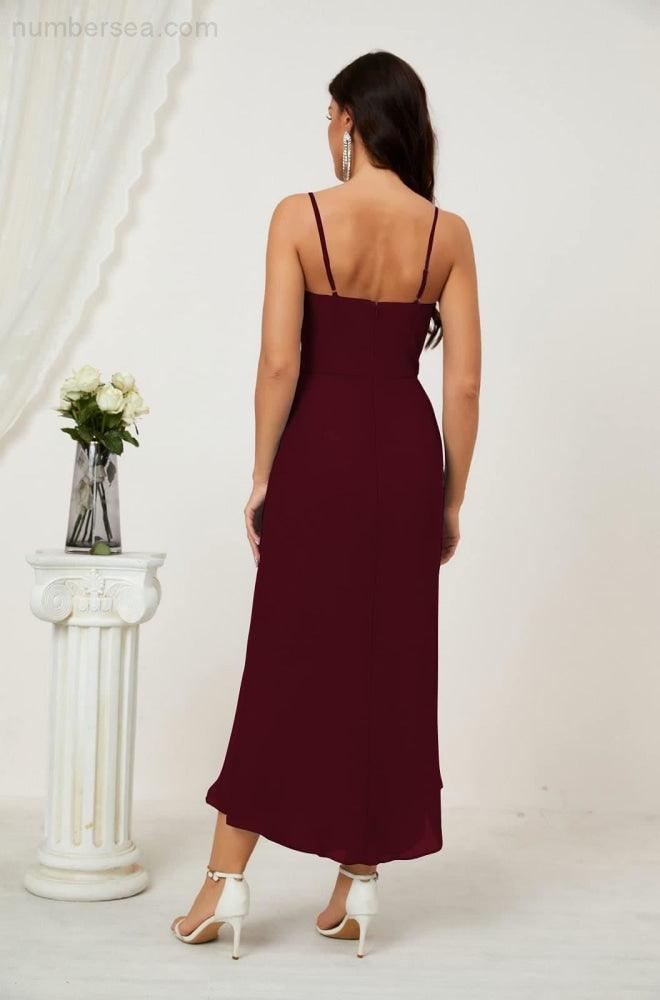 Numbersea Spaghetti Chiffon V Neck Bridesmaid Dress Mid-Length Slit Formal Prom Dress Homecoming Dress 2803-numbersea