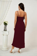 Numbersea Spaghetti Chiffon V Neck Bridesmaid Dress Mid-Length Slit Formal Prom Dress Homecoming Dress 2803-numbersea