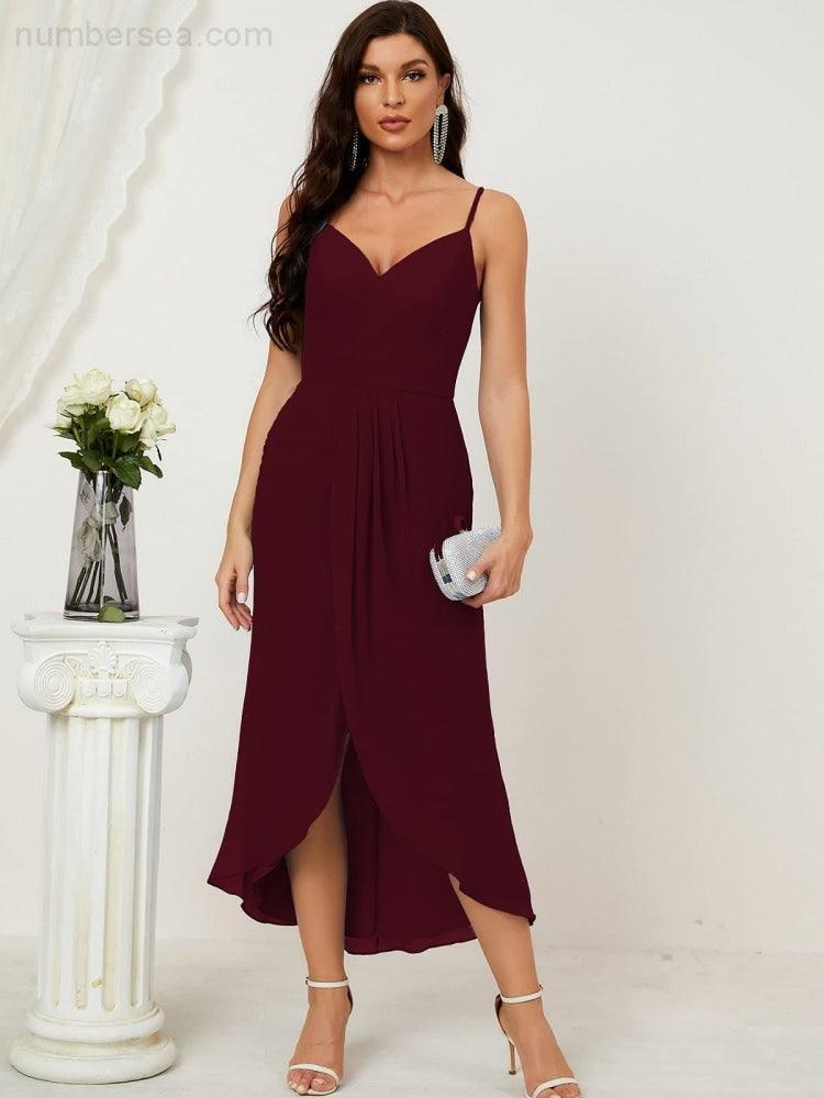 Numbersea Spaghetti Chiffon V Neck Bridesmaid Dress Mid-Length Slit Formal Prom Dress Homecoming Dress 2803-numbersea