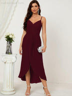 Numbersea Spaghetti Chiffon V Neck Bridesmaid Dress Mid-Length Slit Formal Prom Dress Homecoming Dress 2803-numbersea