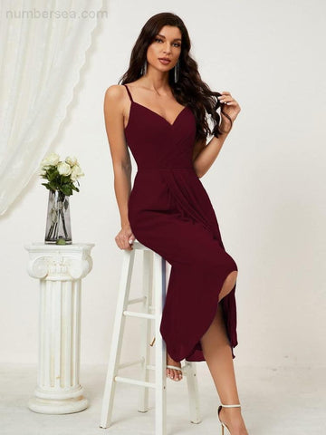 Numbersea Spaghetti Chiffon V Neck Bridesmaid Dress Mid-Length Slit Formal Prom Dress Homecoming Dress 2803-numbersea