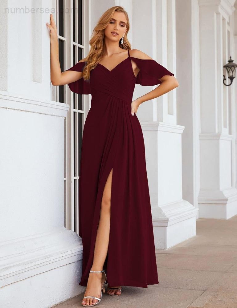 NumberSea - Numbersea Chiffon Cold Shoulder Long Bridesmaid Dresses Plus Size Formal Prom Gowns for Women Party Wedding SEA28070
