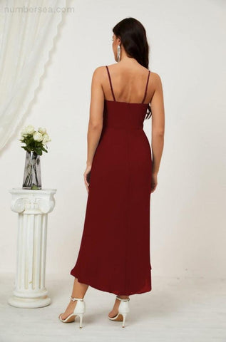 Numbersea Spaghetti Chiffon V Neck Bridesmaid Dress Mid-Length Slit Formal Prom Dress Homecoming Dress 2803-numbersea