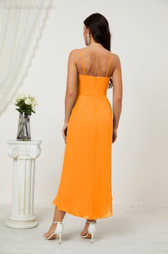 Numbersea Spaghetti Chiffon V Neck Bridesmaid Dress Mid-Length Slit Formal Prom Dress Homecoming Dress 2803-numbersea