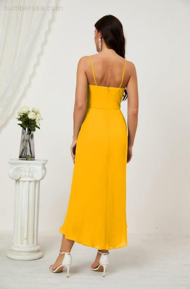 Numbersea Spaghetti Chiffon V Neck Bridesmaid Dress Mid-Length Slit Formal Prom Dress Homecoming Dress 2803-numbersea