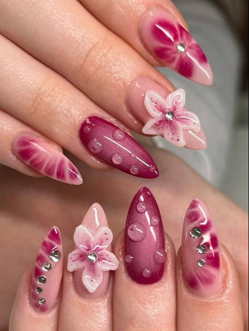 Orquídeas con efecto agua Uñas postizas de gel hechas a mano Uñas postizas a presión