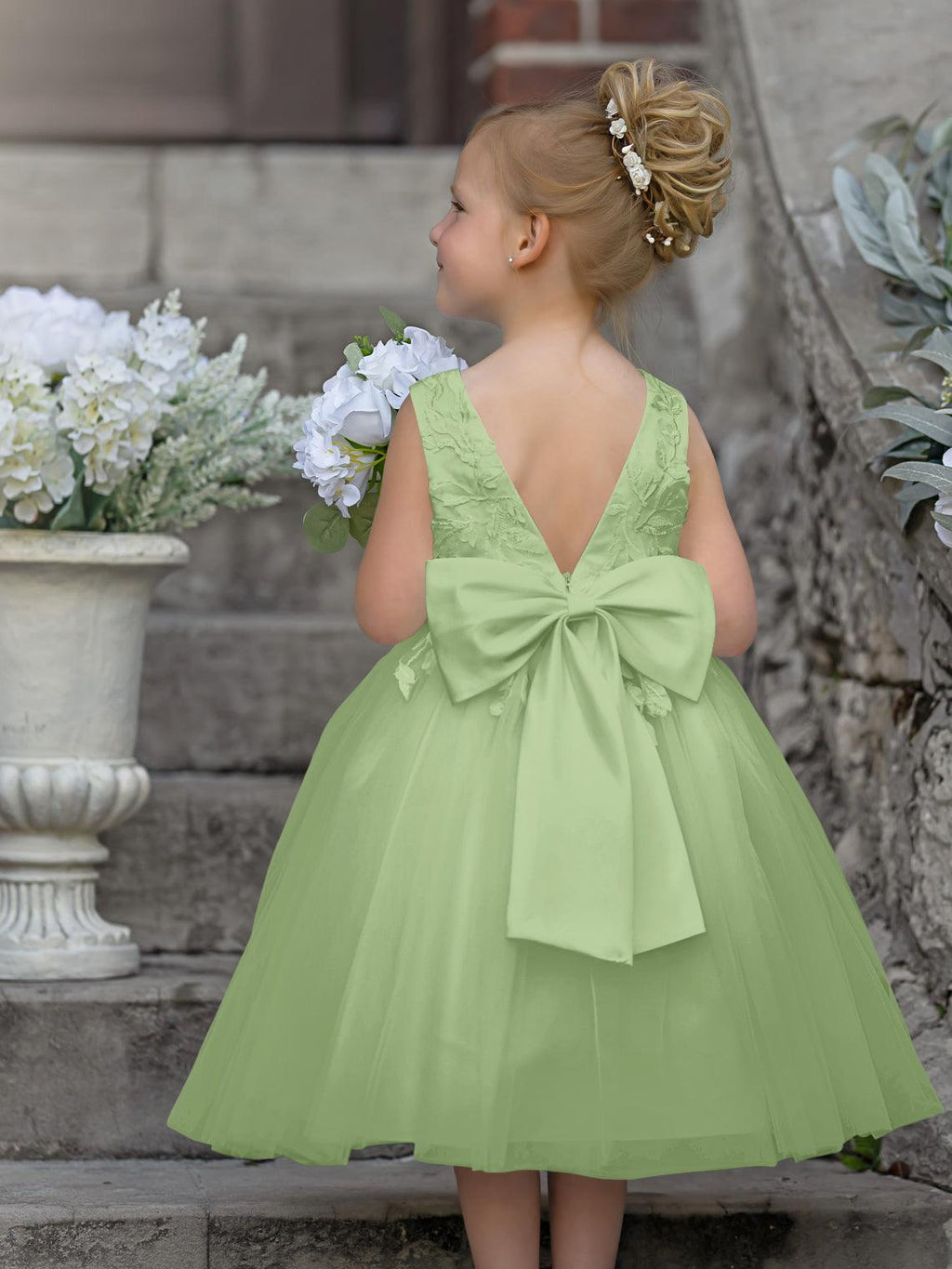 Vestido de niña de las flores sin mangas con encaje de tul hasta la rodilla 