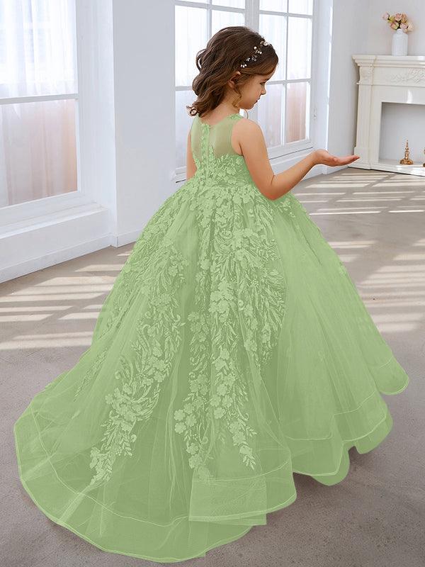 Vestido de princesa rosa para niña con apliques de encaje 