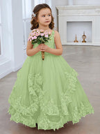 Vestido de princesa de tul sin mangas con apliques de encaje y cola larga para niñas 