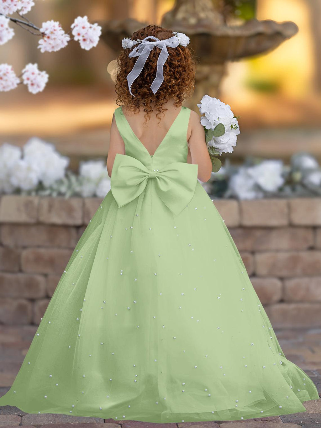 Elegante vestido de princesa de satén y tul para niña de las flores 