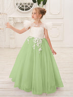 Vestido de niña de las flores con cola larga y tul con encaje desmontable 