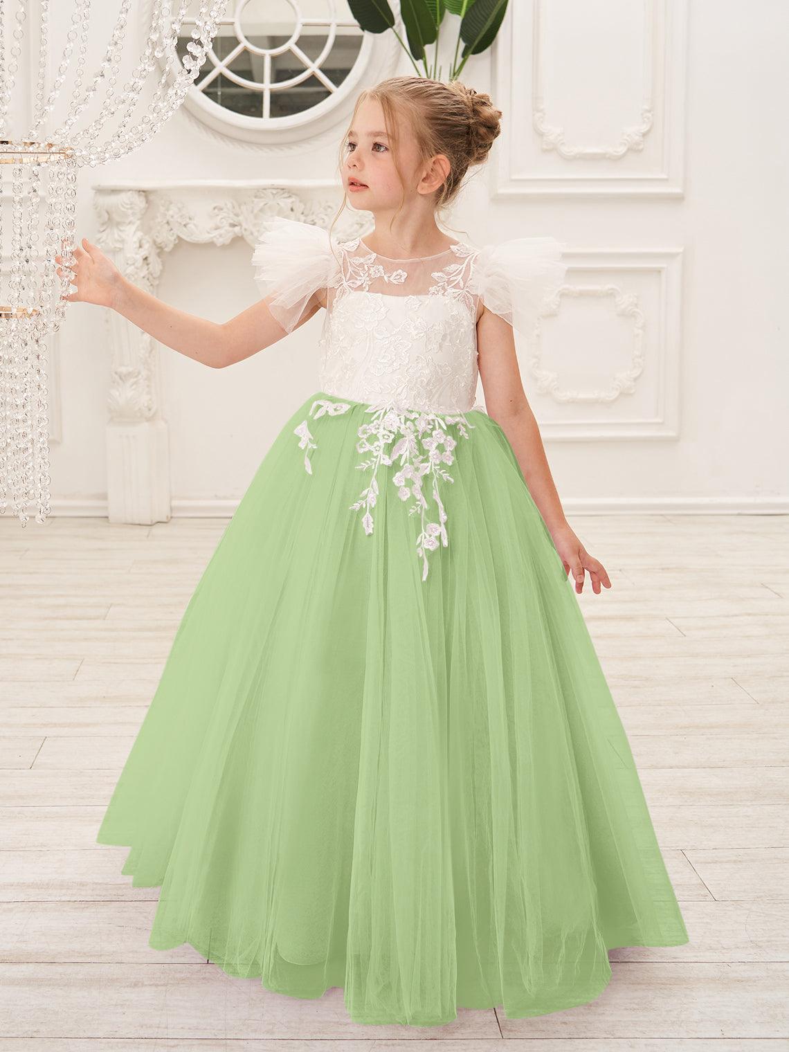 Vestido de niña de las flores con cola larga y tul con encaje desmontable 